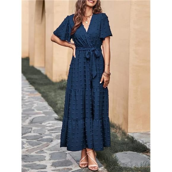 Women Boho Swiss Dot Maxi Dresses V Neck Flutter Short Sleeve Flowy Long Dresses - Picture 4 of 6